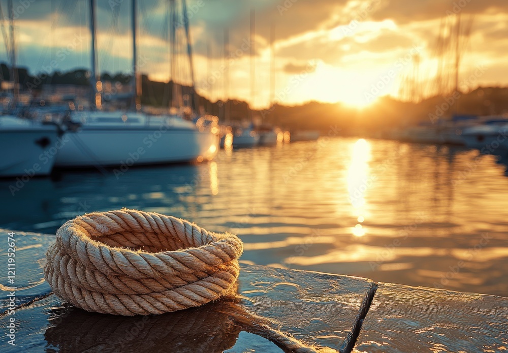 Poster a coiled rope on a dock by the tranquil water at sunset with boats and soft reflections creating a s