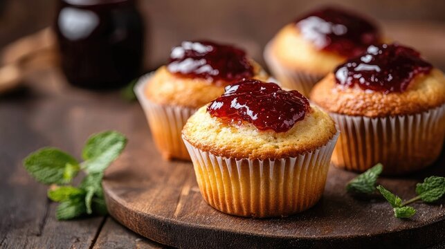 Freshly baked muffins topped with vibrant fruit jam garnished with mint leaves presented on a rustic wooden board. - Powered by Adobe
