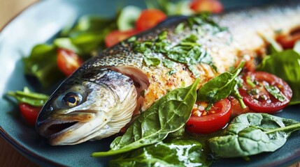 Grilled trout served on a plate with fresh spinach and cherry tomatoes garnished in a creamy sauce