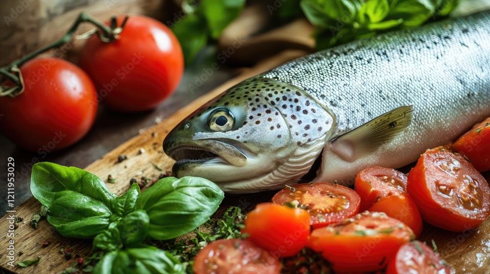 Poster fresh trout with juicy tomatoes and fragrant basil on rustic wooden table perfect for culinary photo