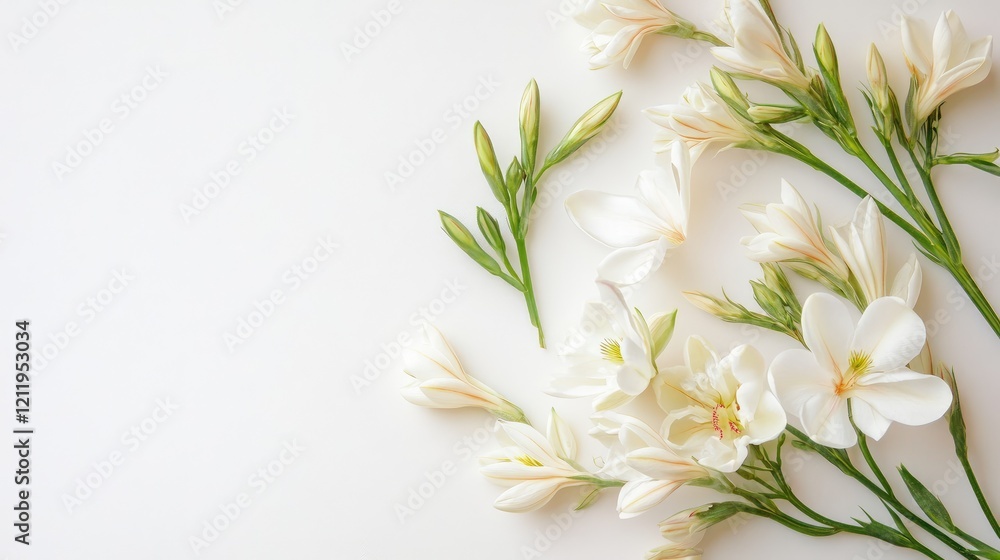 Poster Tuberose flowers and buds arranged elegantly on a light background with ample negative space for creative text inclusion