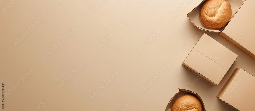 Poster elegant arrangement of bakery boxes in soft beige tones on a light brown background, featuring artis