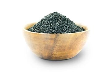 A cup of black sesame seeds (Sesamum radiatum.) with clipping path isolated on white background close up stack.