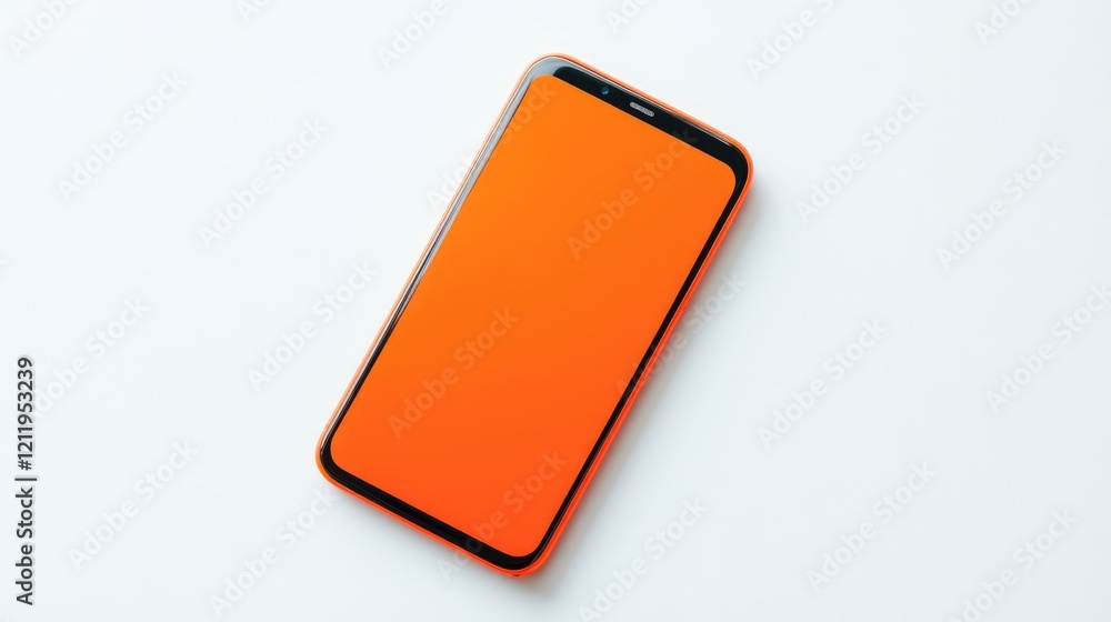 Poster bright orange mobile phone with blank screen isolated on clean white background top view modern digi