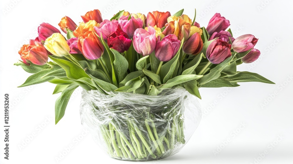Poster Vibrant tulip bouquet in cellophane wrap with a white background showcasing colorful flowers and ample copy space for branding or text.