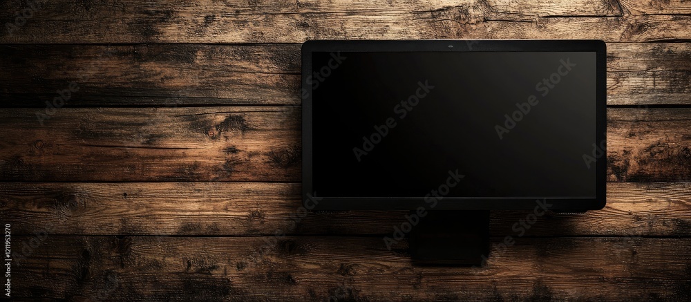 Aufkleber Minimalist top view of a black monitor on a rustic wooden table with dark wood grain texture and ample negative space for text and branding