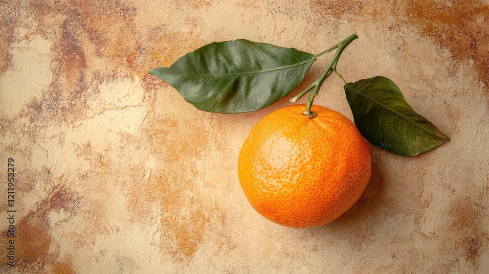 Aufkleber fresh vibrant tangerine with green leaves positioned on a rustic textured background in warm earth t