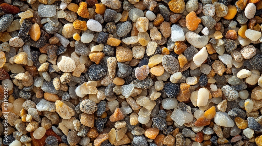 Poster macro shot of vibrant beach sand showcasing a rich texture of coarse grains in various colors and pa