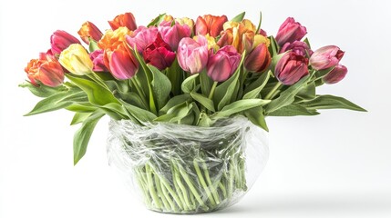 Vibrant tulip bouquet in cellophane wrap with a white background showcasing colorful flowers and ample copy space for branding or text.