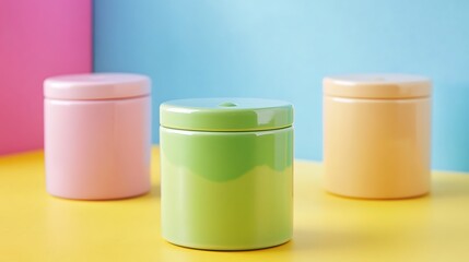 Glossy ceramic jars for toiletries with green drops isolated on a colorful background