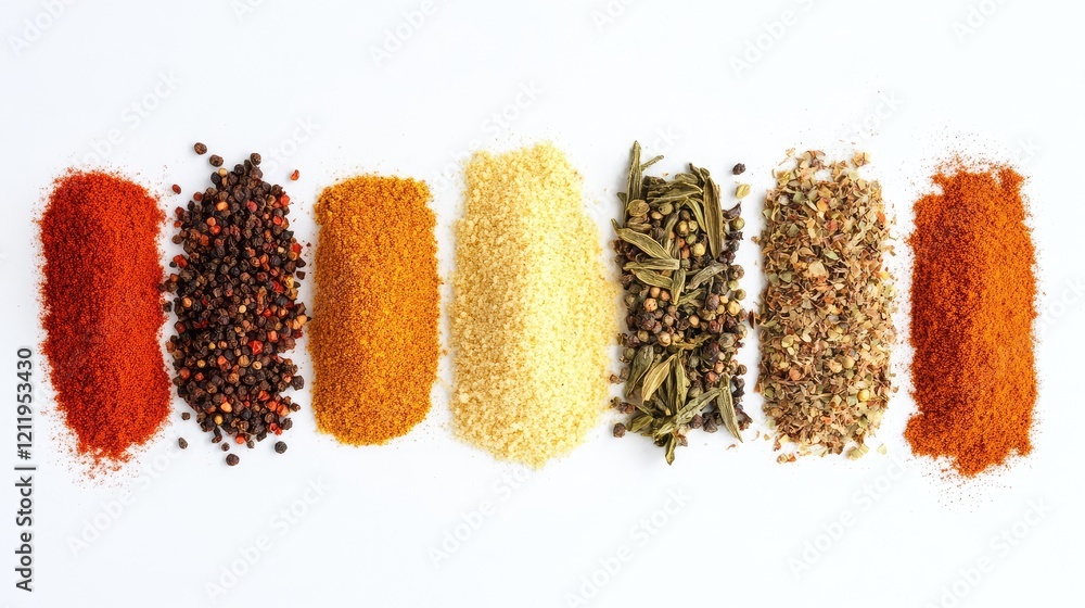 Poster colorful assortment of spices arranged in a horizontal line on a bright white table showcasing red p