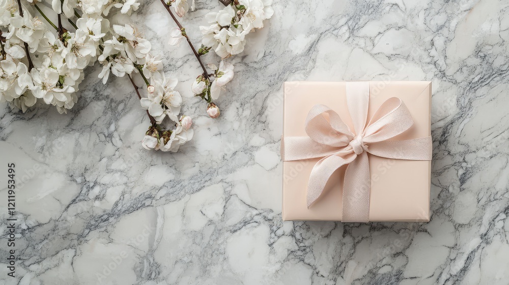 Poster elegant top view of a soft pink gift wrapped box with a classic bow on a marble surface adorned with