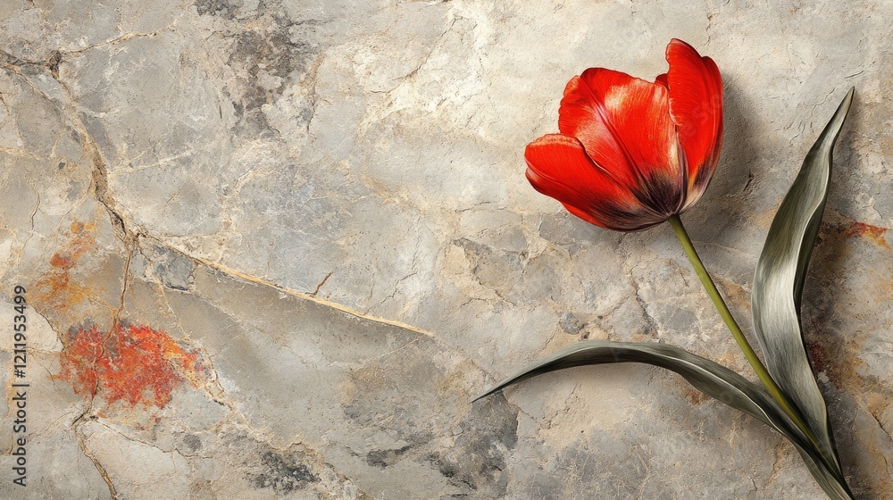 Aufkleber Red tulip flower on a textured grey limestone stone background featuring natural patterns and colors for elegant design compositions