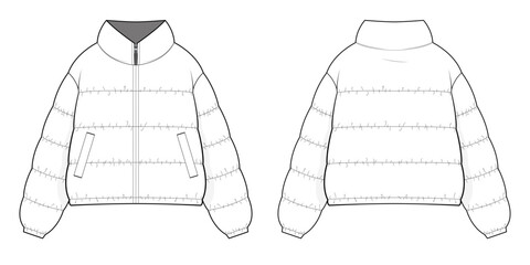 Standing Collar Winter Coat Technical Fashion Illustration. Quilted Puffer Jacket Vector Template. Cropped Silhouette. Horizontal Quilting. Welt Pockets. Relaxed Fit. Unisex Outerwear. CAD Mockup set. © aiven studio