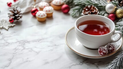 Christmas tea with festive candies and cakes on a marble table surrounded by pinecones and holiday decorations