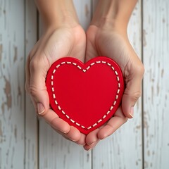 Man offering a white heart tenderly to a woman. Valentine day concept on a wooden background, view from above