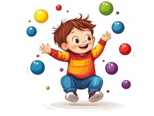 Fototapeta premium Cheerful Child Playing with Colorful Balls in Vector Illustration