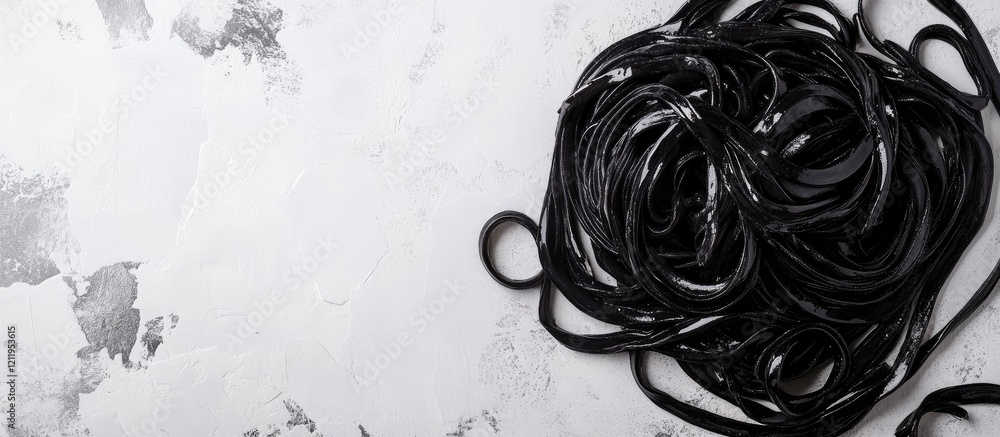 Poster Elegant top view of black squid ink spaghetti on a textured marble background with ample empty space for culinary text or branding.