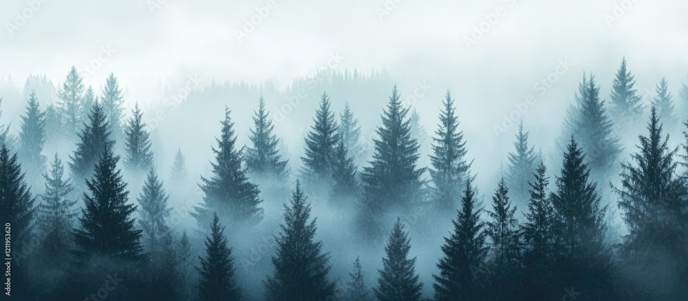 Poster misty pine forest panorama with fog and serene atmosphere ideal for nature backgrounds and text over
