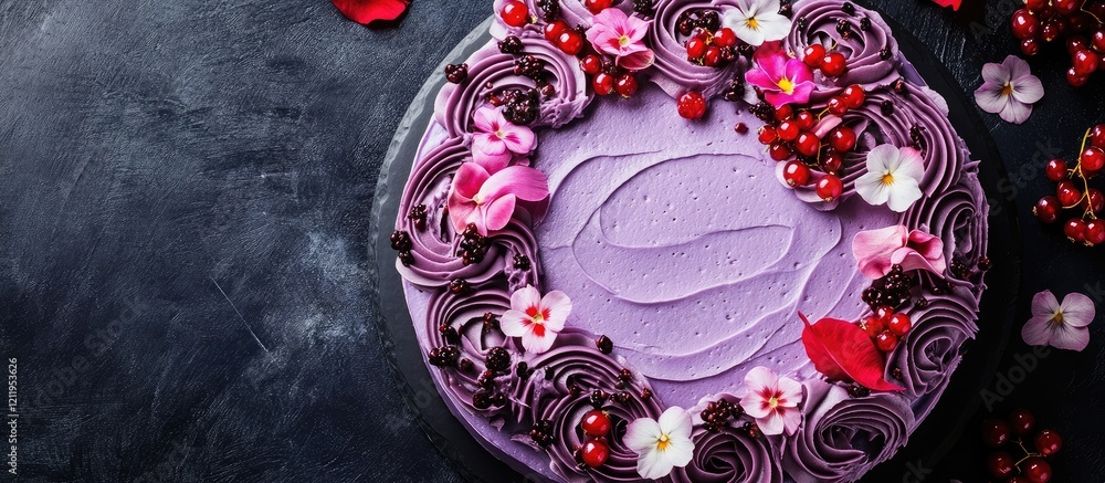 Poster Vibrant purple round cake topped with colorful flowers and petals, edged with chocolate curls and red berries on a dark textured surface with empty space for text