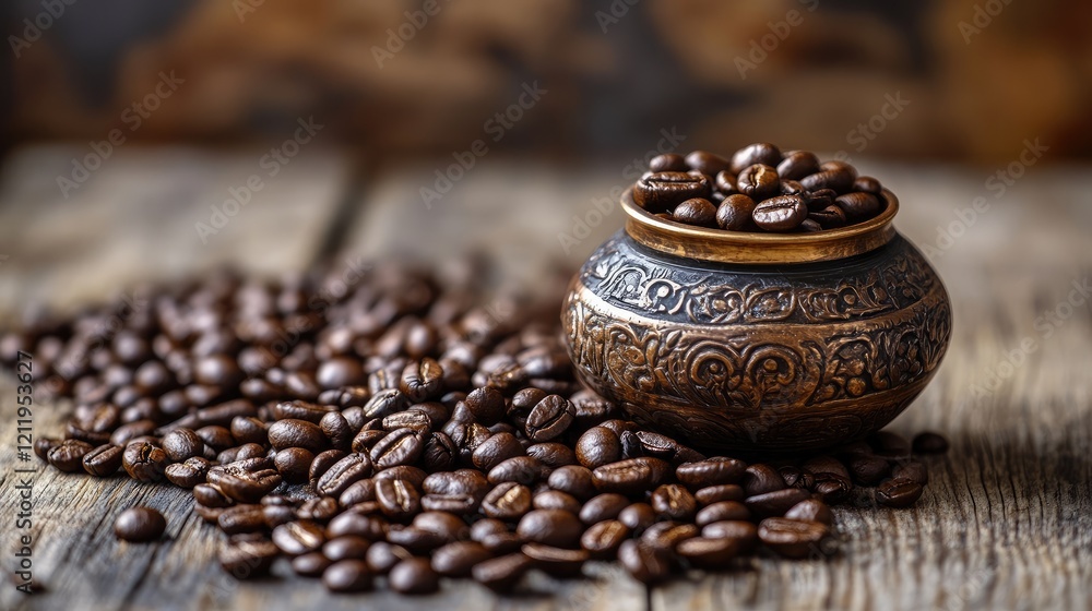 Poster turk filled with coffee beans on a rustic wooden table creating an inviting and warm atmosphere for 