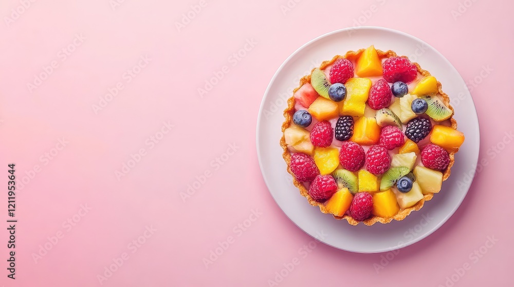 Poster Colorful fruit tart displayed on a white plate atop a soft pink background with empty space for text and creative design, showcasing vibrant raspberries, mango, and kiwi.