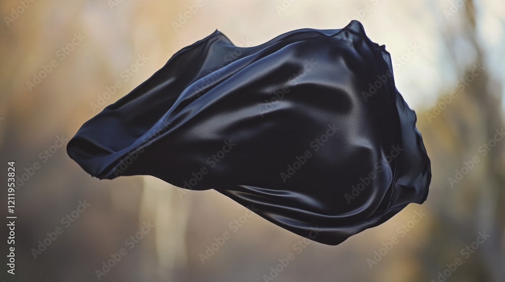 Poster a close-up shot of a black cloth floating in mid-air, with soft focus and gentle motion