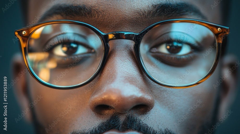 Poster the shot focuses on a man's face adorned with stylish glasses, capturing a blend of modernity and in