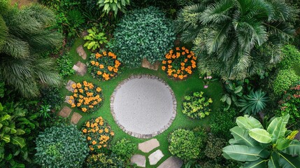 Aerial View of a Lush Tropical Garden Featuring Vibrant Mango Flowers Surrounded by Greenery and Stone Pathways in Eco-Friendly Design