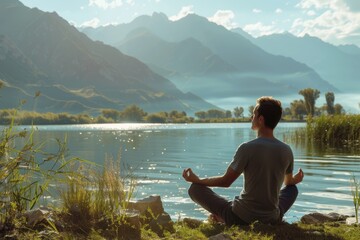 Fototapeta premium Man meditates in nature promotes healthy lifestyle and sustainability.