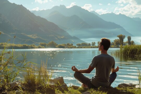 Man meditates in nature  promotes healthy lifestyle and sustainability.