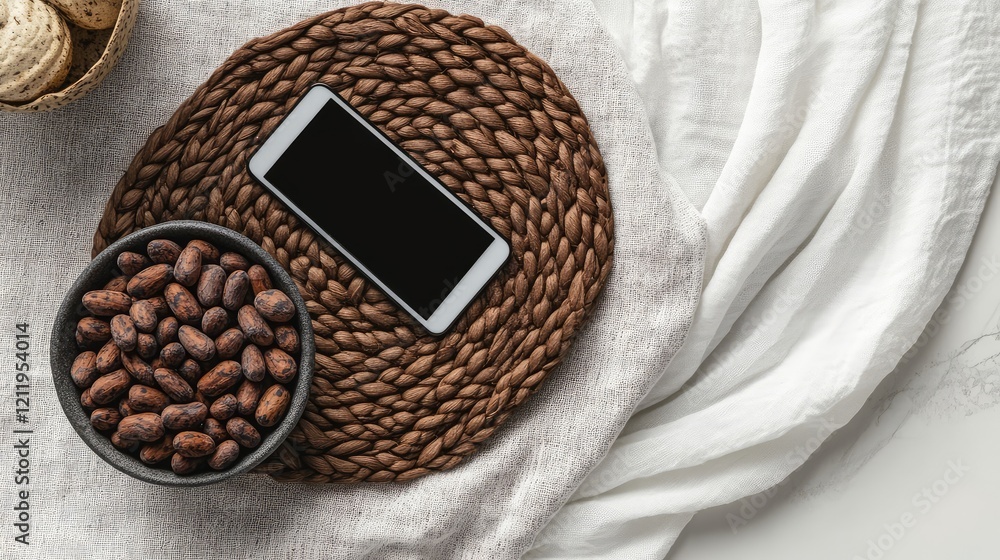 Poster contemporary coffee table arrangement with tablet and cocoa pods on woven placemat against soft whit