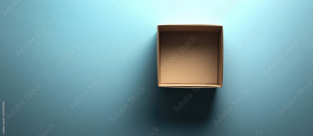 Aufkleber Flat Lay of an Unpacked Surprise Box on Light Blue Background with Empty Space for Text and Soft Shadows Creating Depth