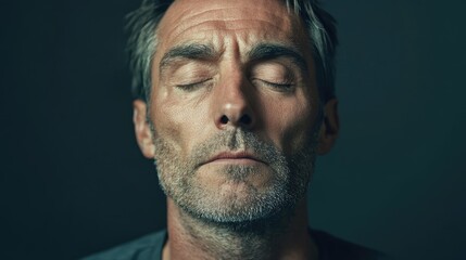 Obraz premium Exhausted man with closed eyes and weary expression portraying deep fatigue and emotional strain against a dark background