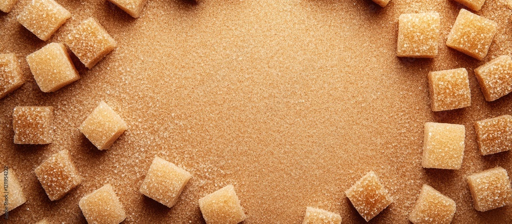 Poster bird's eye view of brown sugar cubes arranged on a sandy beige background with empty space for text,