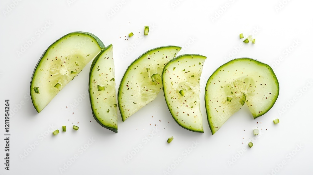 Poster fermented cucumber slices garnished with green onion and spices on a clean white background for culi