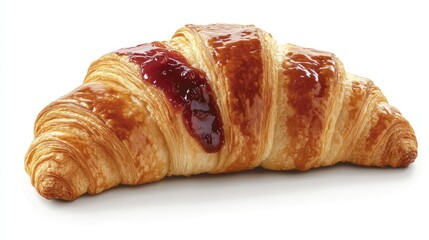 Freshly baked croissant with vibrant jam spread showcasing delicious pastry textures. Perfect for breakfast or bakery promotional materials.