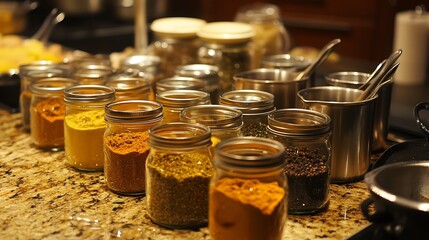 Mix pots were set up on a cooking table mason jars full in various spice mixes