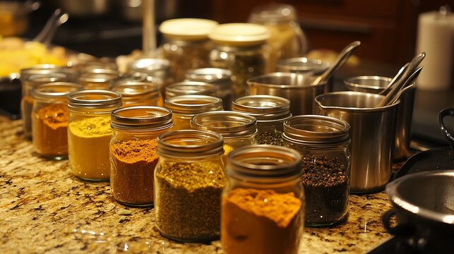 Mix pots were set up on a cooking table mason jars full in various spice mixes