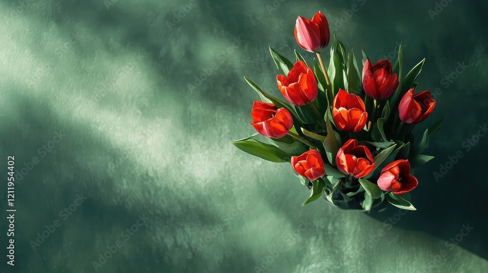 Poster Red tulip bouquet arranged elegantly on a mottled green background with soft lighting creating a serene and artistic top view composition