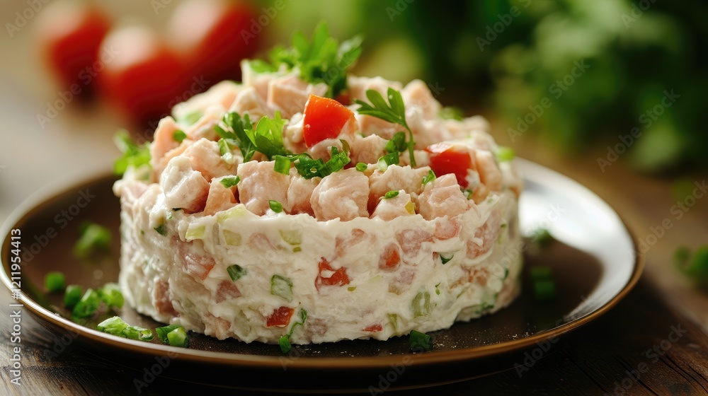 Poster fresh and vibrant tuna salad served in a circular shape garnished with herbs and vegetables on a rus