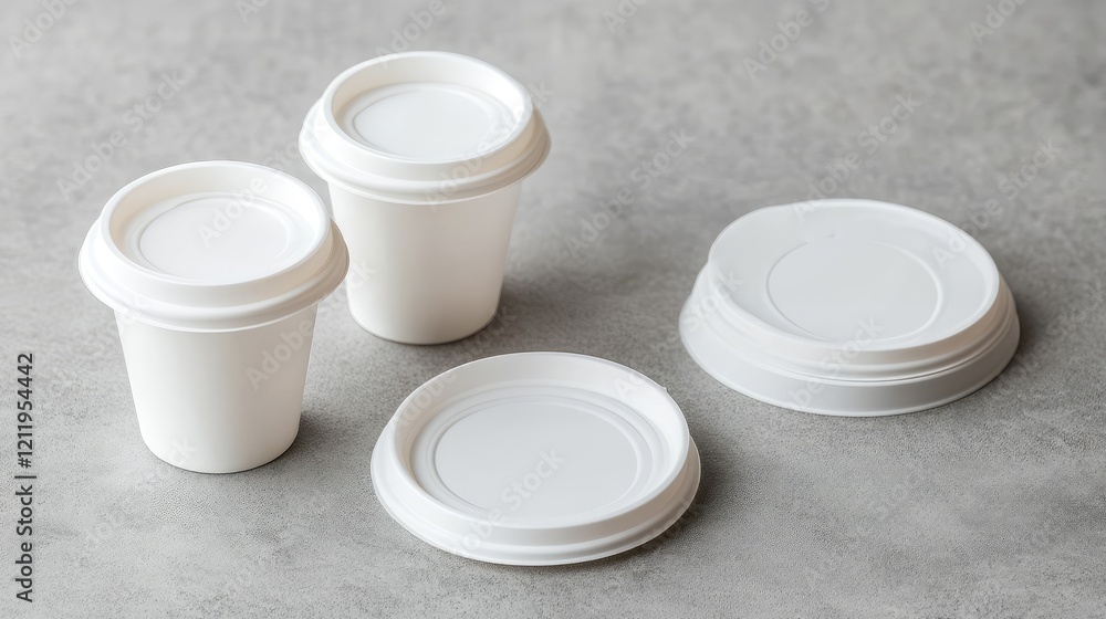 Aufkleber Top view of five blank white coffee cups with lids arranged on a textured gray background showcasing space for creative design and branding concepts.