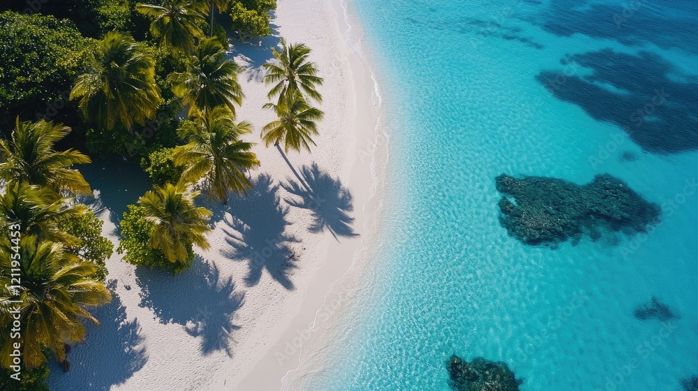 Poster aerial view of a serene tropical beach with palm trees and crystal clear turquoise waters inviting r