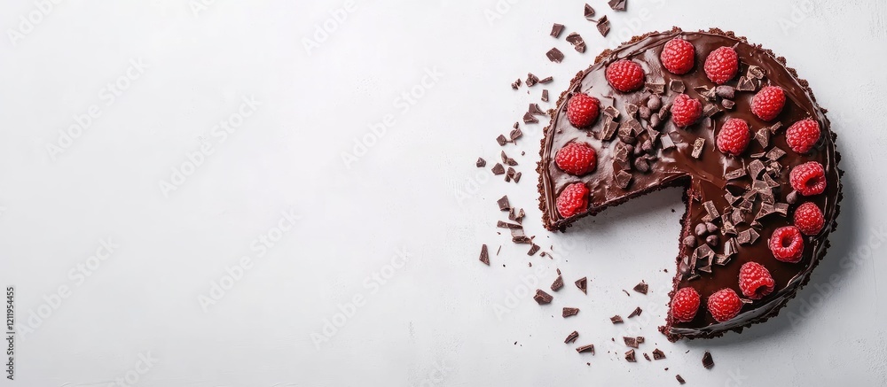 Aufkleber Sliced chocolate raspberry cake with vibrant red raspberries on a dark chocolate base, positioned on a clean white background with space for text.