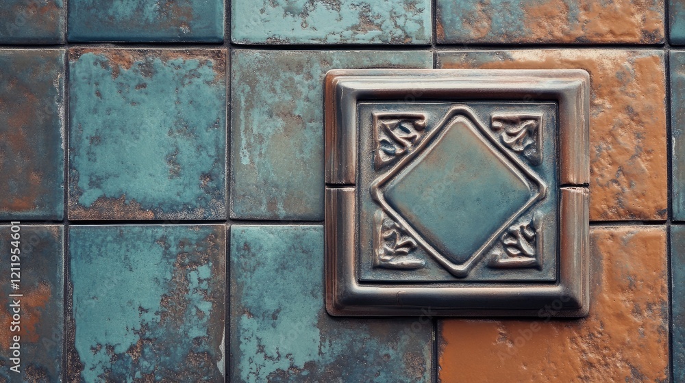 Poster decorative tile design with square bracket pattern on textured brick wall backdrop