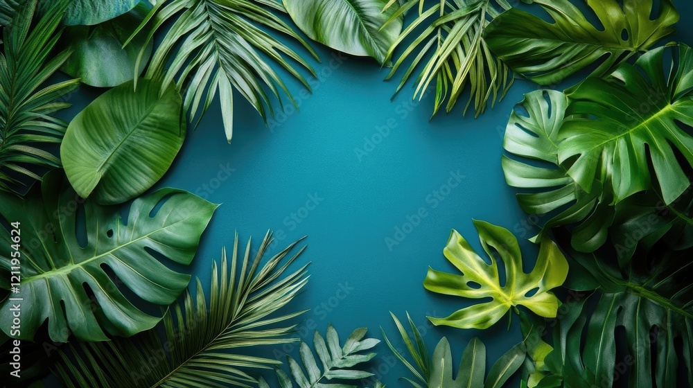 Poster Tropical green leaves arranged on a vibrant blue background creating a minimalistic summer backdrop with space for text or design elements