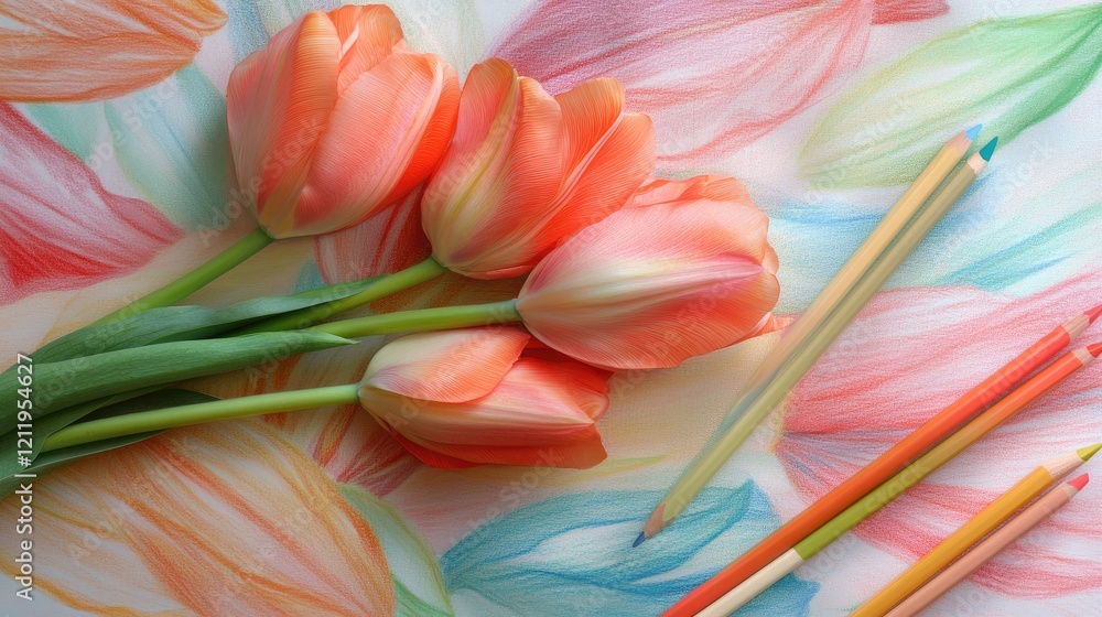 Poster Tulips on a colorful background with colored pencils creating an artistic floral composition