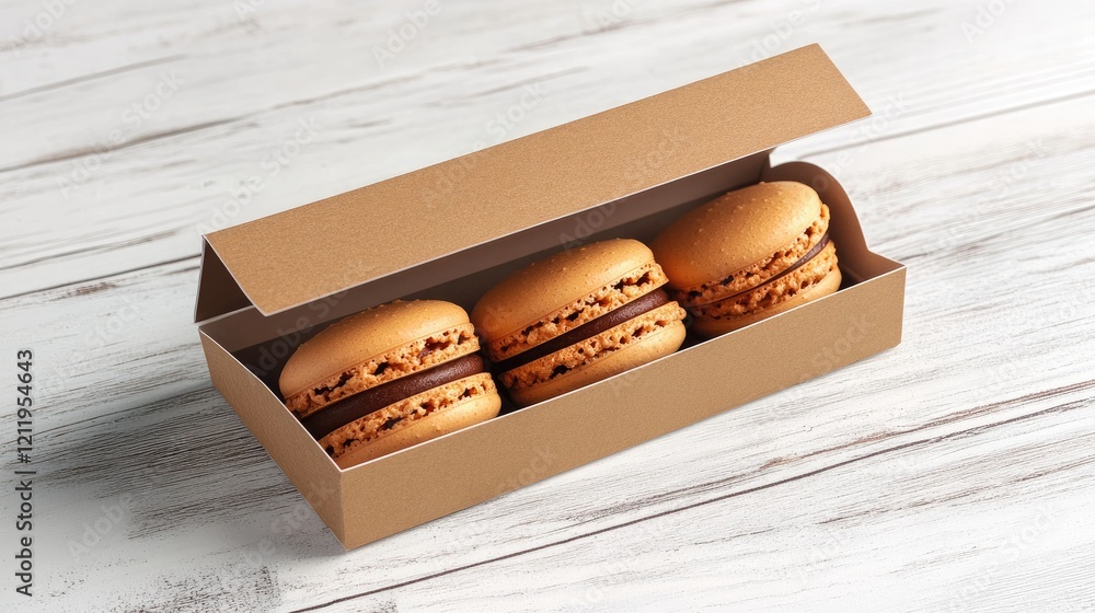 Poster elegant macarons in a stylish box arranged on a rustic wooden table with ample space for personalize