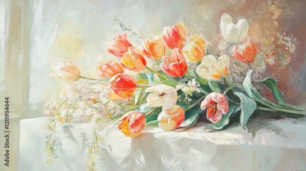 Poster vibrant bouquet of tulips in soft pastel colors arranged on a white table creating a serene and eleg