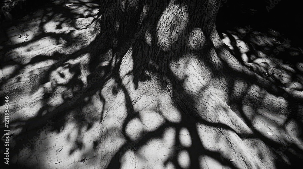 Aufkleber shadow patterns of a leafy branch cast on the textured trunk of a large tree in monochrome lighting 